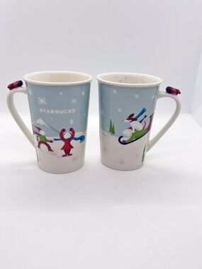 Starbucks Holiday Winter Sledding Bone Chine Mugs - Set of 2